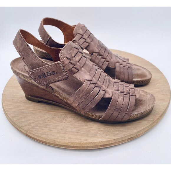 Taos Sandals Womens 8.5 Taupe Leather Slingback Wedge Heels Peep - Picture 1 of 12